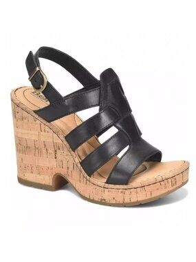 Born Bernese Sandals Sz 10M Black Leather Cage Cork Wedge Platform Heels Strappy